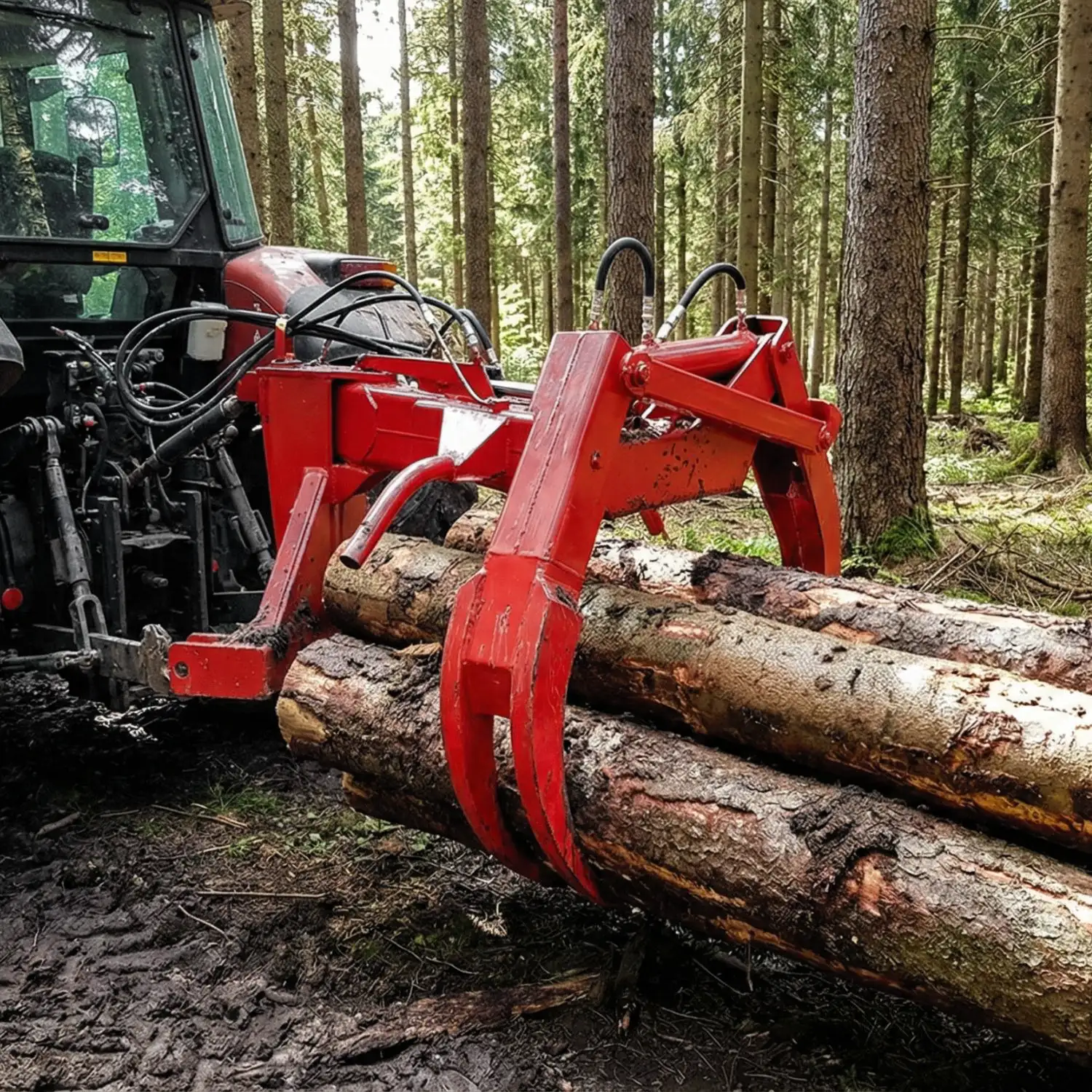 Traktorin metsäkoura tukkien käsittelyssä